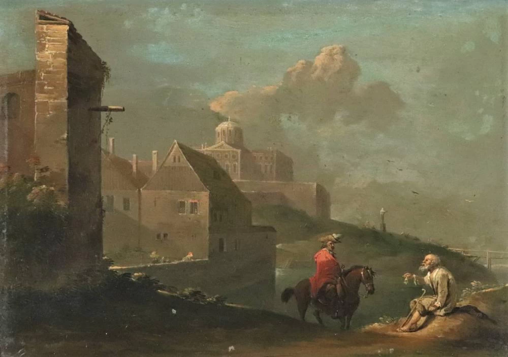 Un cavaliere che cavalca verso un mendicante che tiene in mano un piccolo campanello, vicino agli edifici